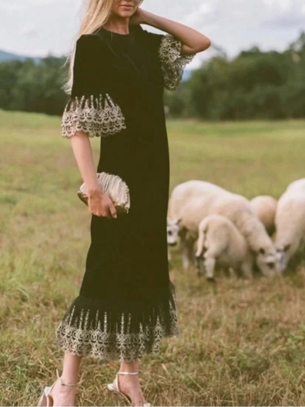 Tuckernuck Black Gold Lillith Embroidered Lace Midi Dress NWT M